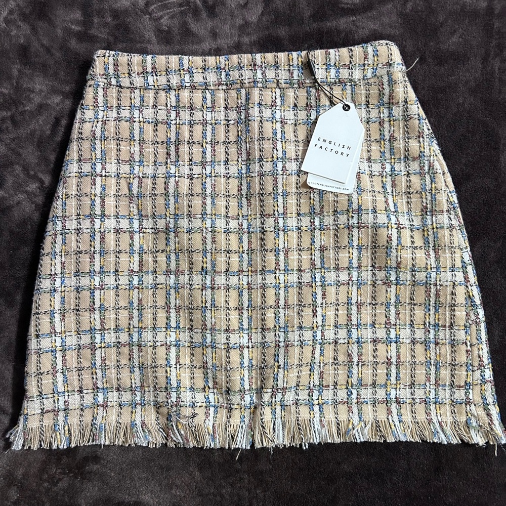 English Factory Beige Plaid Tweed Fringe Mini Skirt with Blue Accents